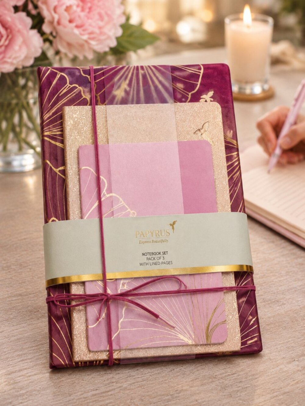Papyrus Notebook Journal Set Pink Gold 3 Sizes + FREE Papyrus Pen Gift Set